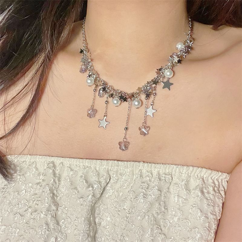 Star Pearl Beaded Faux Necklace