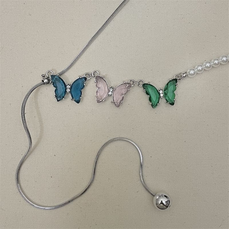 Necklace Faux Rhinestone Pearl Butterfly