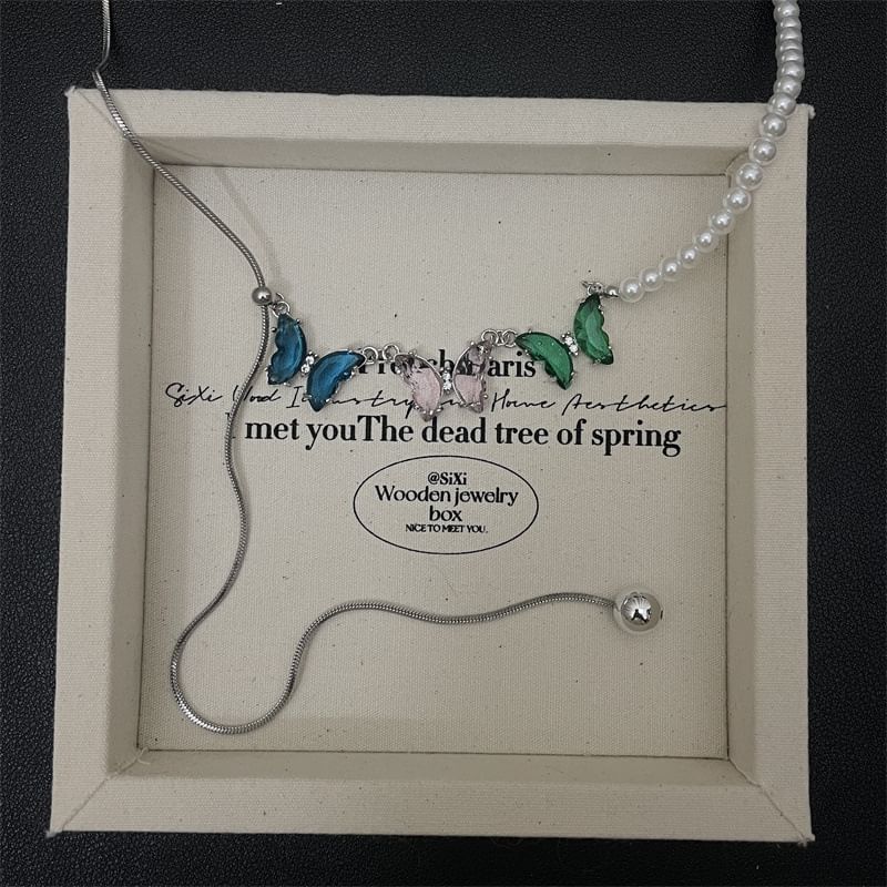 Necklace Faux Rhinestone Pearl Butterfly