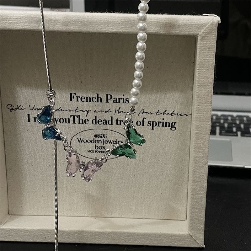 Necklace Faux Rhinestone Pearl Butterfly