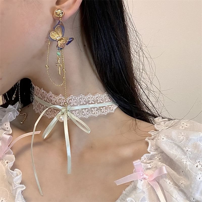 Drop / Cross Butterfly Bow Choker Earring Lace