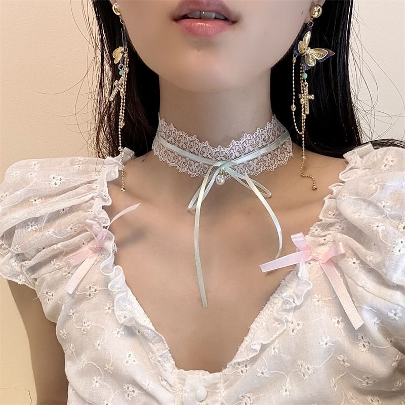Drop / Cross Butterfly Bow Choker Earring Lace