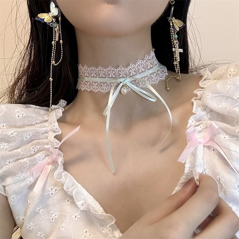 Drop / Cross Butterfly Bow Choker Earring Lace