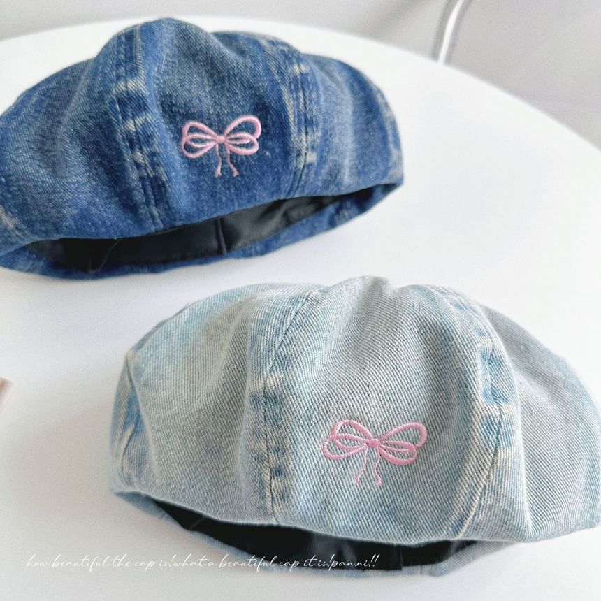 Bow Embroidered Washed Denim Beret