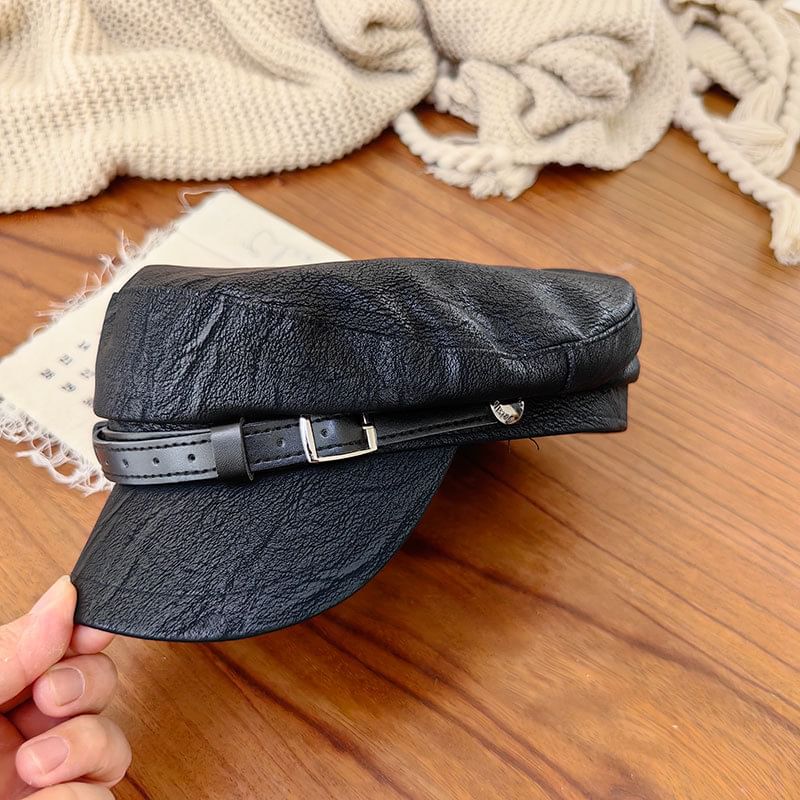 Faux Leather Belt Military Cap