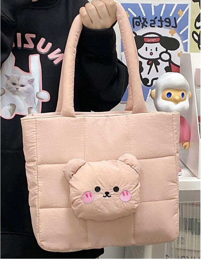 Nylon Applique Quilted Bag Bear Tote