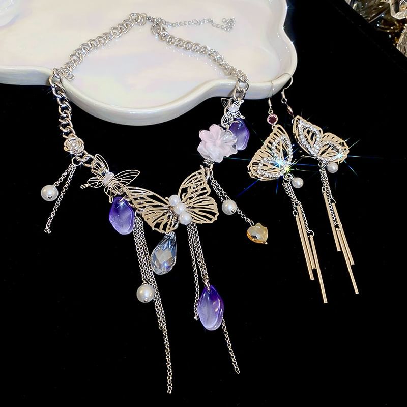 Butterfly Earring Necklace Fringed /