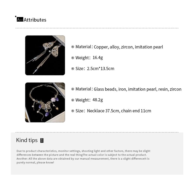 Butterfly Earring Necklace Fringed /