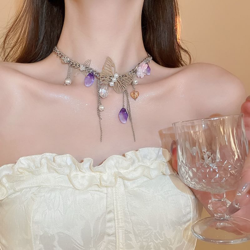 Butterfly Earring Necklace Fringed /