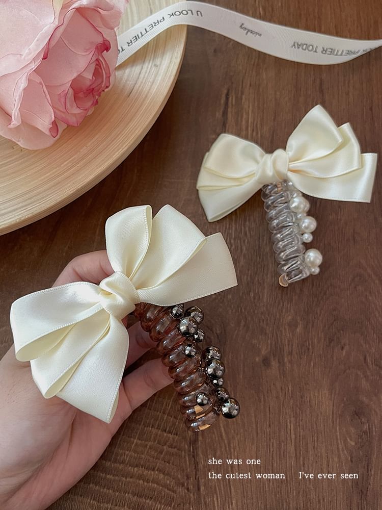 Bow Fabric Faux Pearl Coil Hair Tie