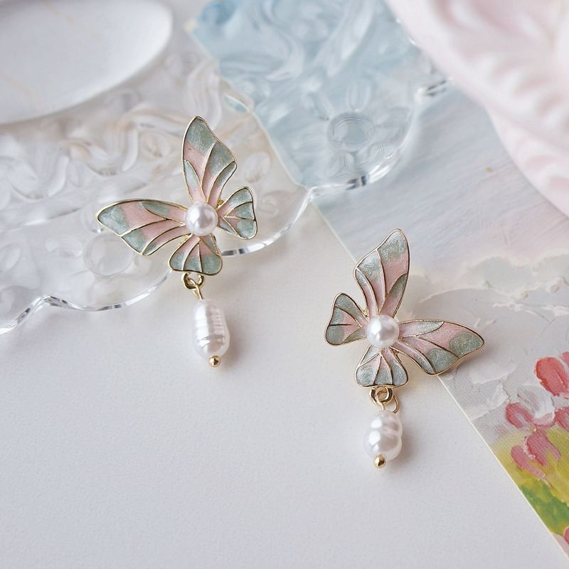 Enamel Pearl Drop Clip On Earring Faux Butterfly /