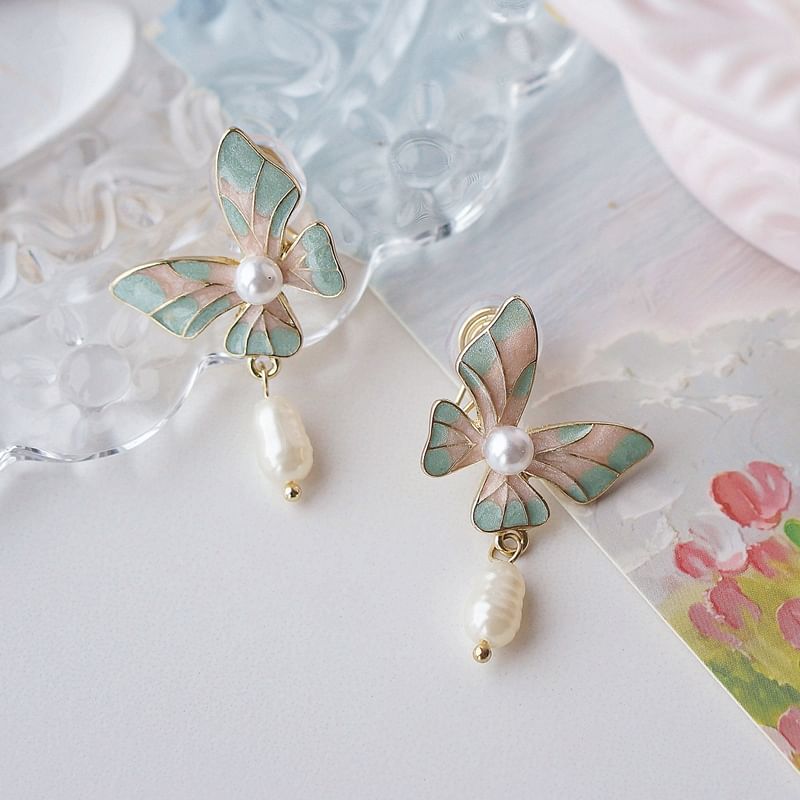 Enamel Pearl Drop Clip On Earring Faux Butterfly /