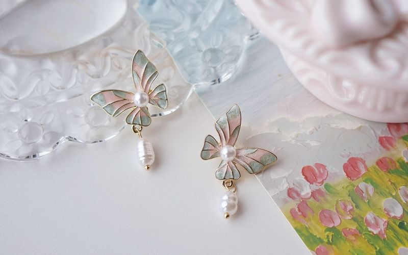 Enamel Pearl Drop Clip On Earring Faux Butterfly /