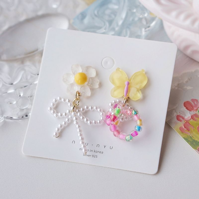 Flower Asymmetrical On / Beaded Drop Clip Earring