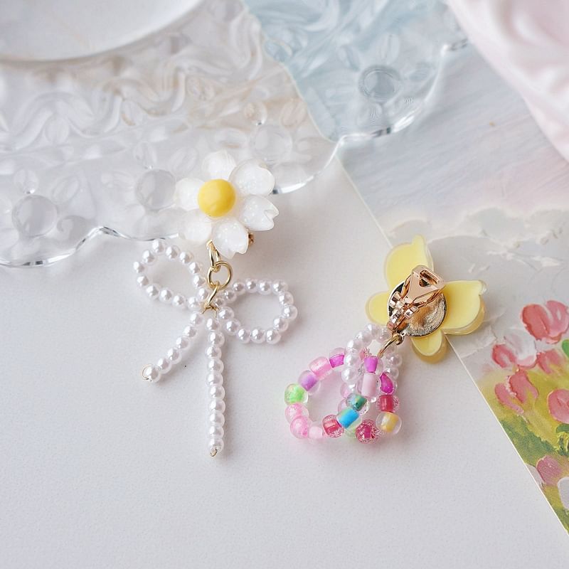 Flower Asymmetrical On / Beaded Drop Clip Earring