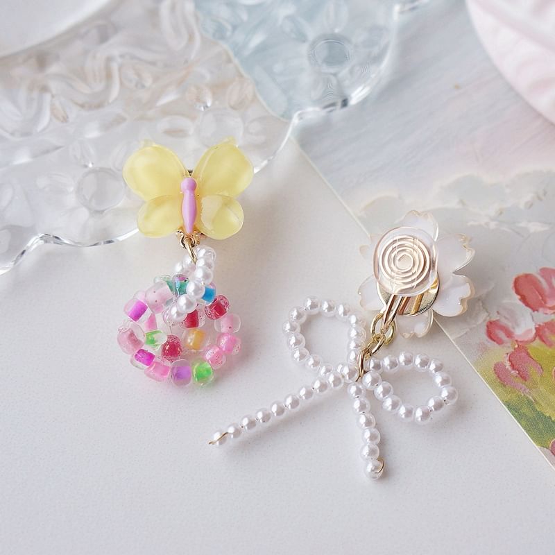 Flower Asymmetrical On / Beaded Drop Clip Earring