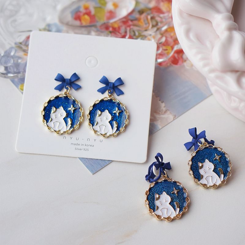 / On Cat Earring Bow Drop Clip Enamel