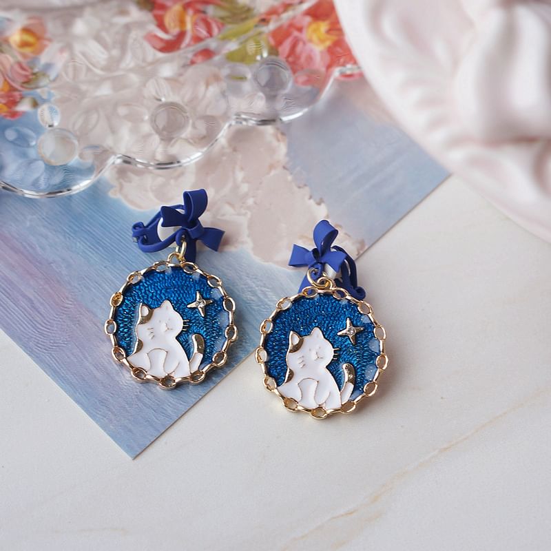 / On Cat Earring Bow Drop Clip Enamel