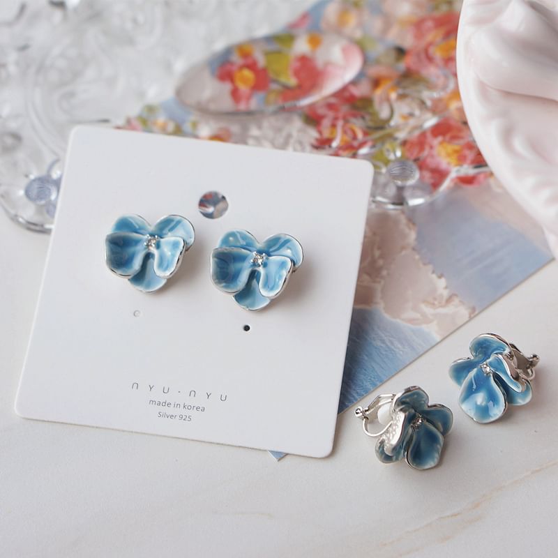 Enamel Clip On Orchid / Stud Earring