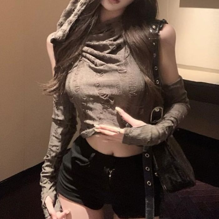 Distressed Hooded Fit Crop Neck Slim + Set: Plain Tank Cowl Gloves Long Top