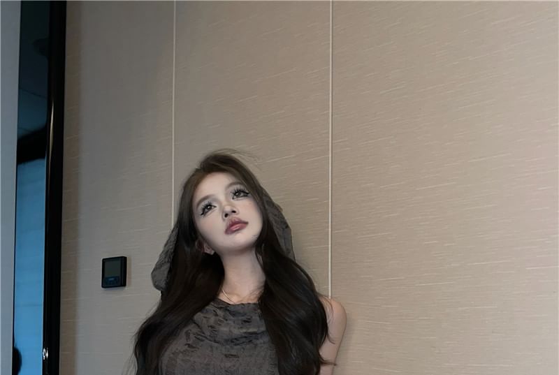 Distressed Hooded Fit Crop Neck Slim + Set: Plain Tank Cowl Gloves Long Top