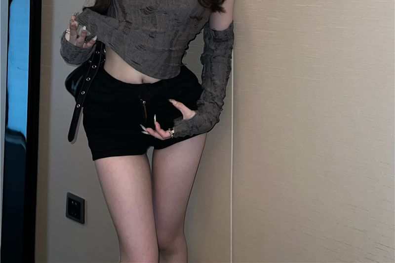 Distressed Hooded Fit Crop Neck Slim + Set: Plain Tank Cowl Gloves Long Top