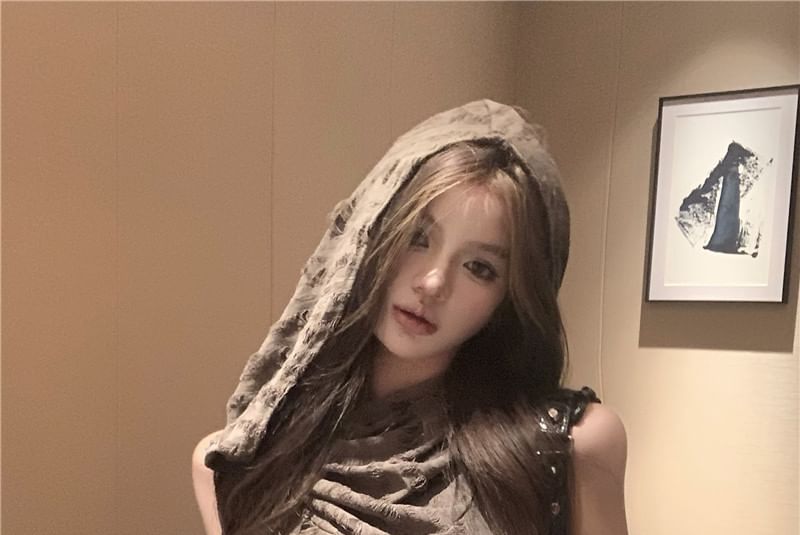 Distressed Hooded Fit Crop Neck Slim + Set: Plain Tank Cowl Gloves Long Top