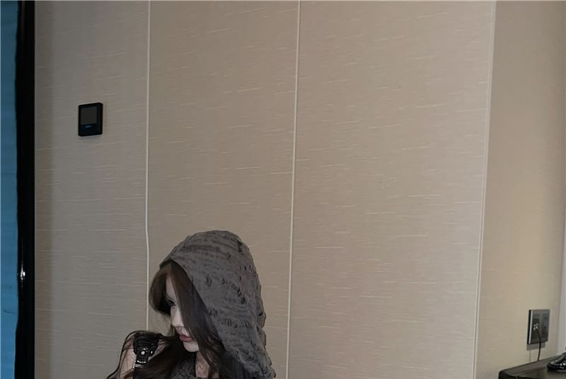 Distressed Hooded Fit Crop Neck Slim + Set: Plain Tank Cowl Gloves Long Top