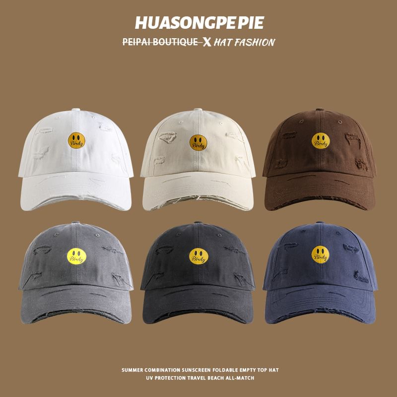 Baseball Cap Smiley Print Face Distressed