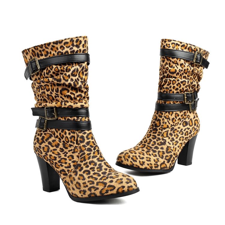 Mid-Calf Boots Buckled Chunky Heel