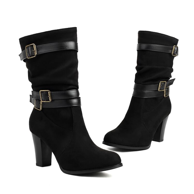 Mid-Calf Boots Buckled Chunky Heel