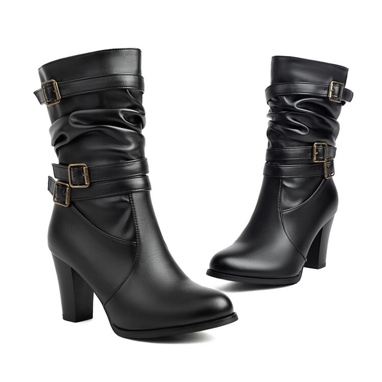 Mid-Calf Boots Buckled Chunky Heel