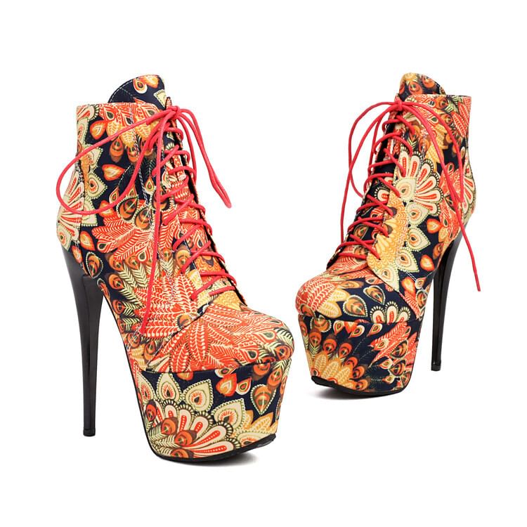 Floral Heel Ankle Stiletto Lace-Up Boots Platform