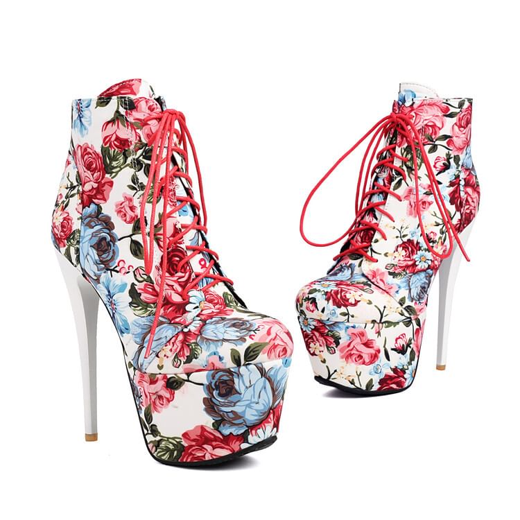 Floral Heel Ankle Stiletto Lace-Up Boots Platform