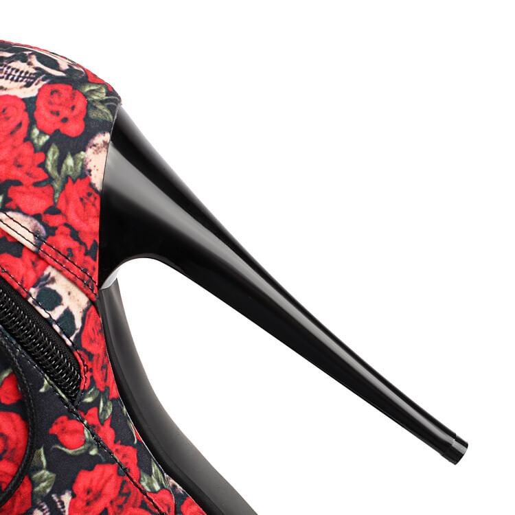 Floral Heel Ankle Stiletto Lace-Up Boots Platform