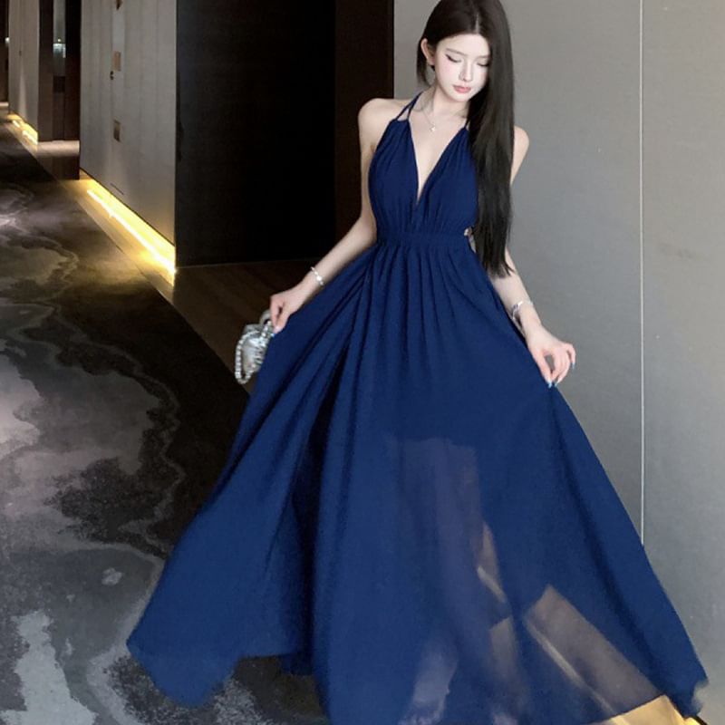 Plain Maxi A-Line Halter Dress Side-Slit