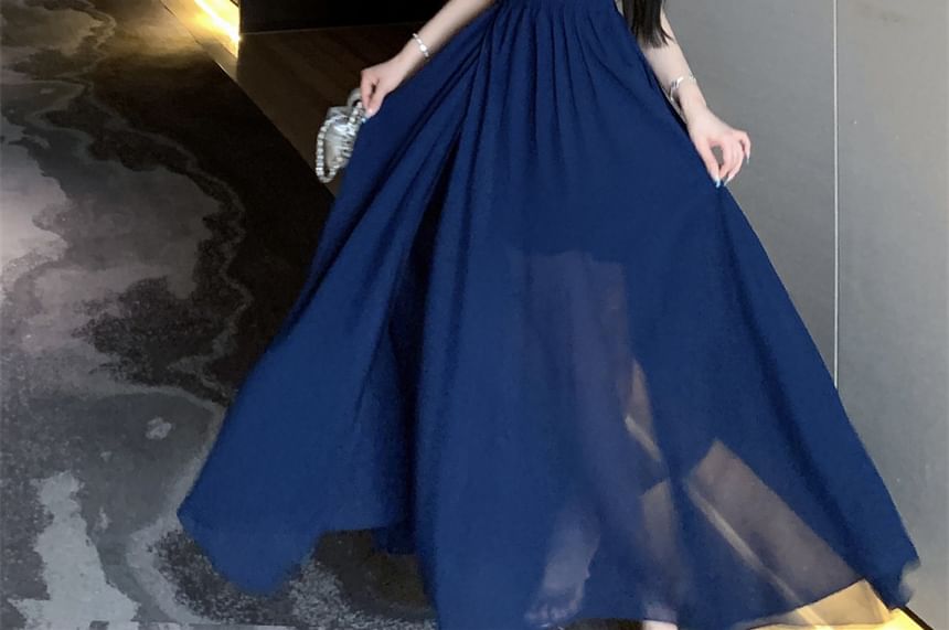 Plain Maxi A-Line Halter Dress Side-Slit