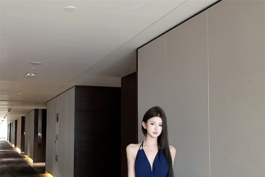 Plain Maxi A-Line Halter Dress Side-Slit