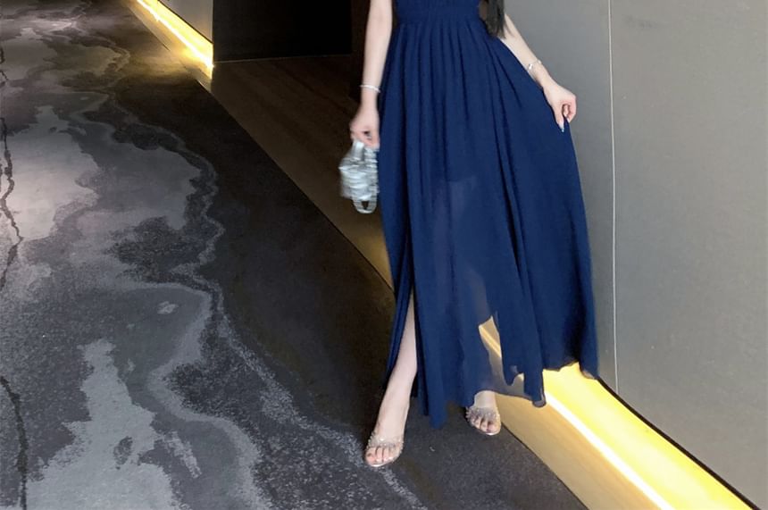 Plain Maxi A-Line Halter Dress Side-Slit