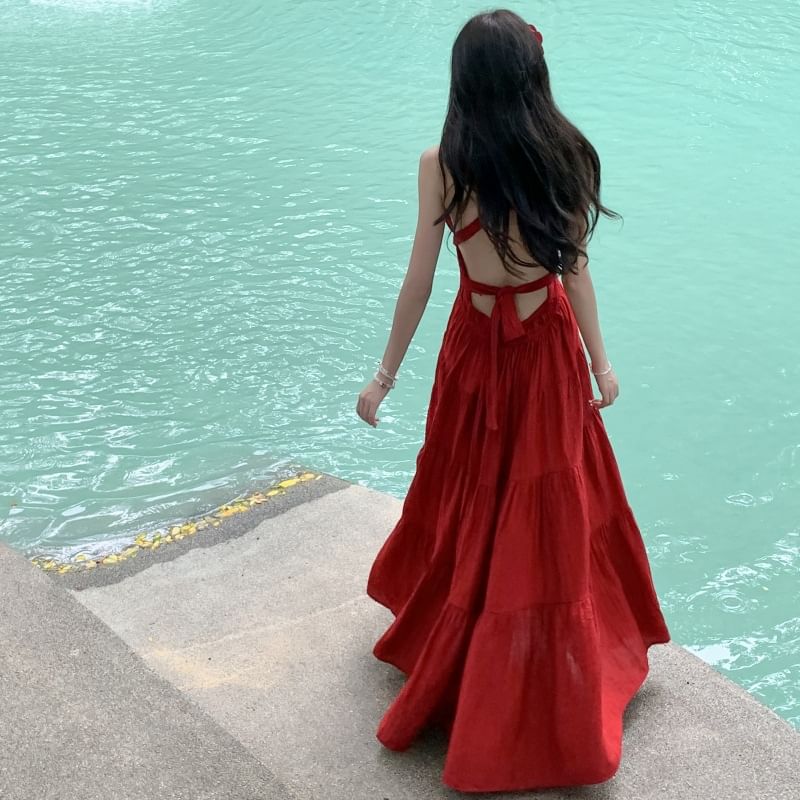 Plain V-Neck Sleeveless Dress A-Line Maxi