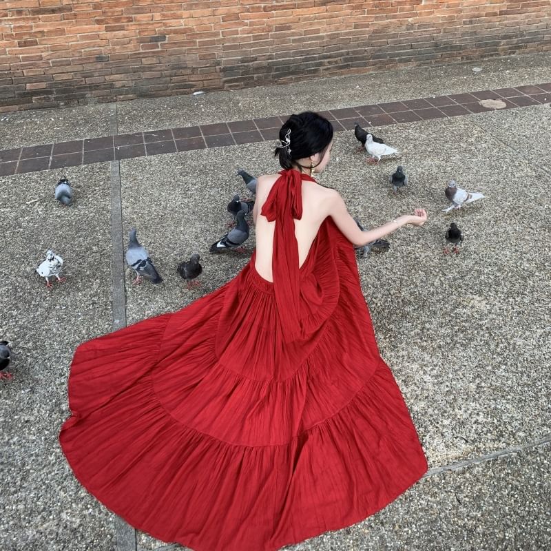 Plain V-Neck Sleeveless Dress A-Line Maxi