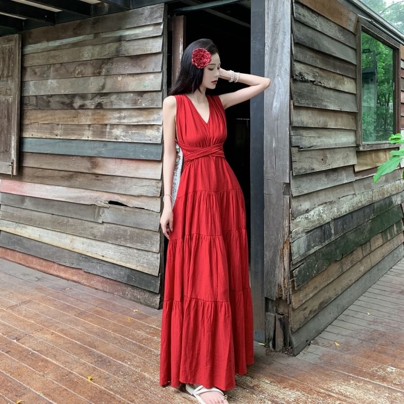 Plain V-Neck Sleeveless Dress A-Line Maxi