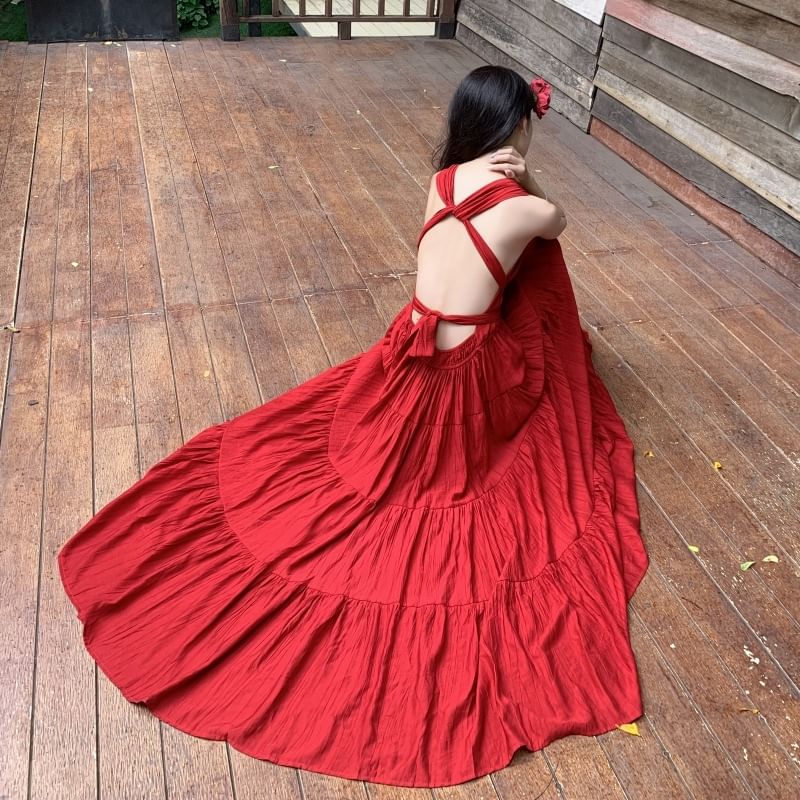 Plain V-Neck Sleeveless Dress A-Line Maxi