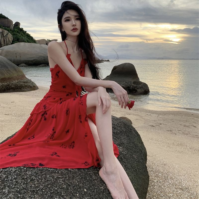 Sundress Halter Ruffle Side-Slit Midi Floral