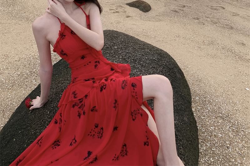 Sundress Halter Ruffle Side-Slit Midi Floral