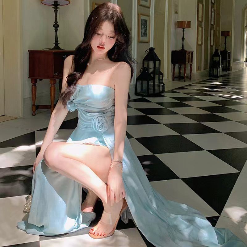 Strapless Plain Side-Slit A-Line Dress Maxi