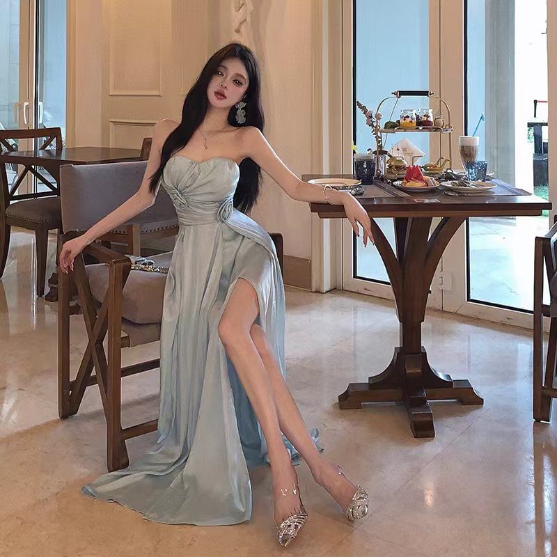 Strapless Plain Side-Slit A-Line Dress Maxi