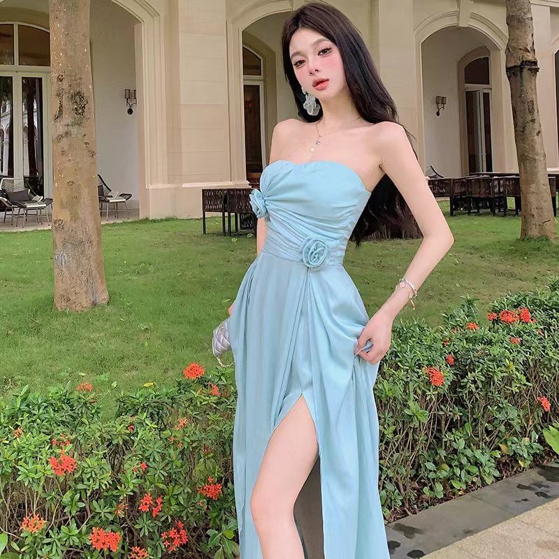 Strapless Plain Side-Slit A-Line Dress Maxi