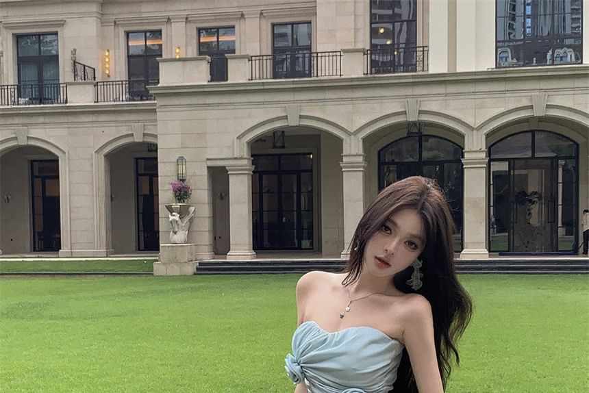 Strapless Plain Side-Slit A-Line Dress Maxi