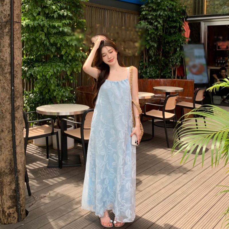 Sundress Leaf Spaghetti Strap Maxi Print